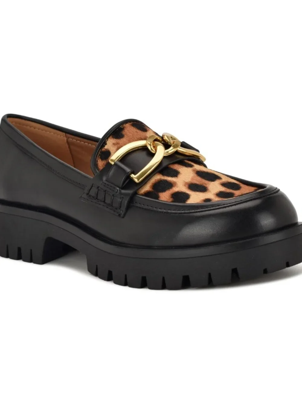 Nine West Gables Chain Bit Lug Loafers - Black/Leopard Calf Hair